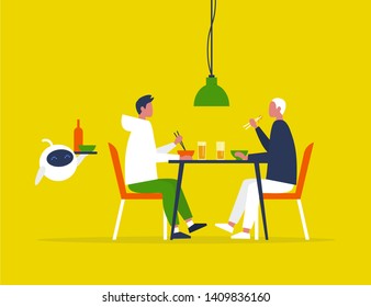 Futuristic service: robot carries a tray with food. Modern restaurant. Asian food. Homosexual couple. Machine learning. Flat editable vector illustration, clip art 
