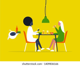 Futuristic service: robot carries a tray with food. Modern restaurant. Asian food. Machine learning. Flat editable vector illustration, clip art 

