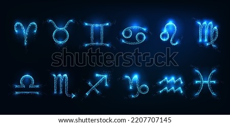 Futuristic set of 12 zodiac sign glyphs in glowing low polygonal style on dark blue background