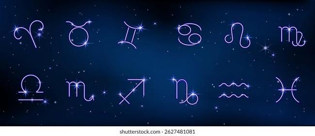 Futuristic set of 12 zodiac signs symbols in glowing style on dark blue background.