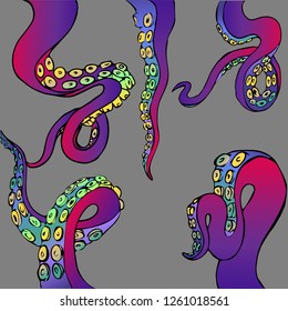 Futuristic set with colorful tentacles of an octopus frame, ocean motive flat cute cartoon illustration for web and print, cute decoration. 