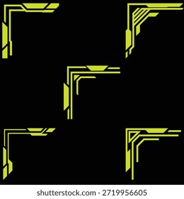 Un conjunto futurista de Elementos de marco de esquina HUD con líneas geométricas abstractas y Formas segmentadas. Diseñado para interfaces de usuario de ciencia ficción, interfaz de usuario de juegos, paneles de tecnología, superposiciones digitales y proyectos de Diseño gráfico futuristas.