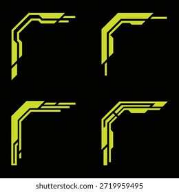 Un conjunto futurista de Elementos de interfaz de marco de esquina HUD con Formas geométricas angulares y estructuras de línea segmentadas. Diseñado para interfaces de usuario de ciencia ficción, paneles de tecnología, superposiciones de juegos, imágenes de transmisión y proyectos de diseño de interfaz de usuario o HUD futuristas.