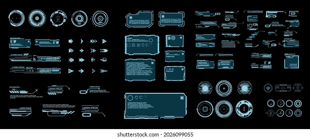 Futuristic set of HUD elements, GUI  HUD user interface. Callouts, headers, frames, arrows, pointers, circles, targets, information and dialog boxes. Elements game design in the HUD style 