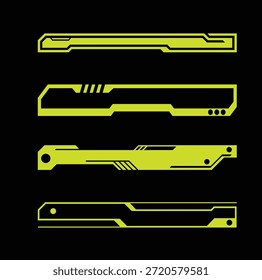 Un conjunto futurista de Elementos de interfaz de marco Horizontal HUD con barras digitales angulares y estructuras de línea segmentadas. Diseñado para interfaces de usuario de ciencia ficción, paneles de tecnología, HUD de juegos, superposiciones de transmisión y proyectos de diseño de interfaz de usuario o HUD futuristas.