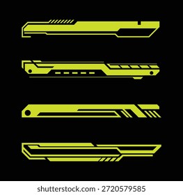 Un conjunto futurista de Elementos de interfaz de marco Horizontal HUD con barras digitales angulares y estructuras de línea segmentadas. Diseñado para interfaces de usuario de ciencia ficción, paneles de tecnología, HUD de juegos, superposiciones de transmisión y proyectos de diseño de interfaz de usuario o HUD futuristas.