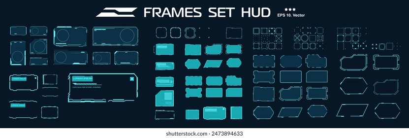 Futuristisches Set Neonrahmen für HUD-Schnittstelle. Vektorgrafik setzen Neonrahmen. Moderne Vorlage mit Fenstern und Rahmen für digitale Benutzeroberfläche. Windows-Schnittstelle HUD-Elemente. Vorlagen mit Rahmen