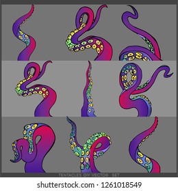 Futuristic set with nine colorful tentacles of an octopus frame, ocean motive flat cute cartoon illustration for web and print, cute decoration. 