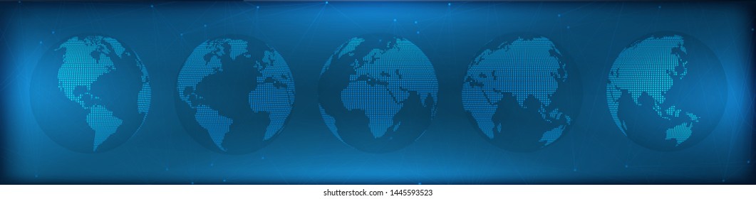  Futuristic set of transparent globes of Earth. Realistic world map in globe shape with polygonal lines and dark background. Concept hologram earth globe. Vector set