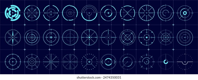 Futuristic Set of Vector Sci-Fi Target Pointers. Circle HUD elements perfectly fit for heads-up displays in games, simulations, or any digital interface requiring a clean, circular focus indicator. 