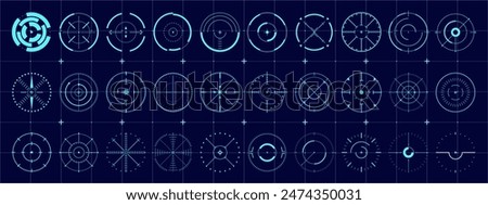 Futuristic Set of Vector Sci-Fi Target Pointers. Circle HUD elements perfectly fit for heads-up displays in games, simulations, or any digital interface requiring a clean, circular focus indicator. 