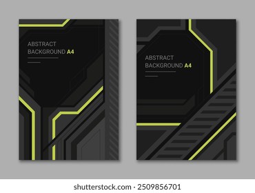 Conjunto futurista de capas A4 verticais para brochura. Preto moderno com linhas de néon verde design abstrato.