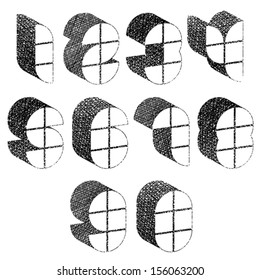 Futuristic shapes 3d numbers set with hand drawn lines texture.