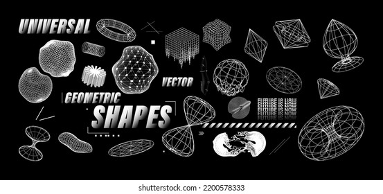 Futuristic shapes isolated on black background. Retrofuturistic set elements with glitch, liquid effect. 3D abstract forms in 90s and 80s. Universal geometric shapes and spheres. Vector graphic set