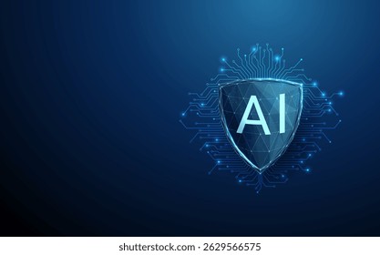 Futuristic shield with glowing AI inscription on electronic circuit lines background. Cybersecurity, advanced data protection concept. AI-powered security systems, smart threat prevention. Vector.