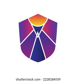 Futuristic shield logo design with abstract figure lifting bright ball. Logo for sports, company, school, and event.