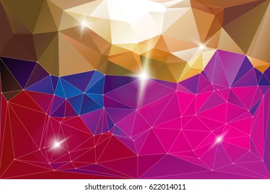 Futuristic shining dynamic networking fantasy space background. Low polygonal gradient red purple brown vector illustration. Horizontal motion diamond surface hyperspace.