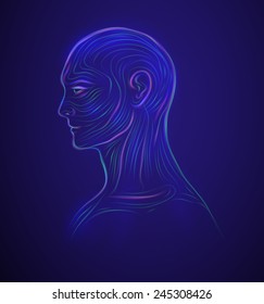 futuristic shiny blue robot man head, artificial intelligence, on dark background
