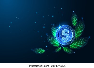 Futuristic shiny dollar coin surrounded by green leaves in glowing low polygonal style on dark blue 