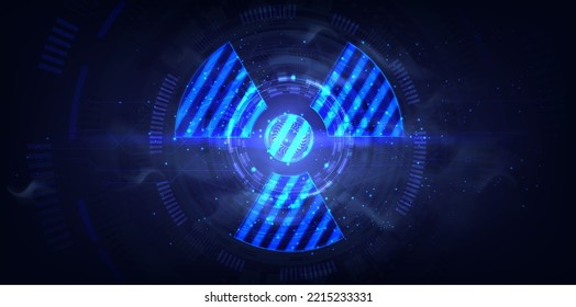 Futuristic sign of radiation divided into small radioactive elements. The concept of atomic energy. Futuristic reactor and radiation sign on a dark background, danger, warning. Vector illustration	
