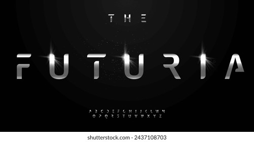 Alfabeto de plata futurista, fuente espacial de innovación, letras metálicas pulidas para logotipo de vanguardia, titular cautivador, tipografía cósmica, diseño tipográfico de alta tecnología. Conjunto de tipos vectoriales.