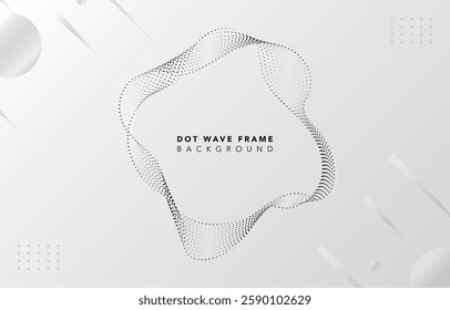 Futuristic silver wave frame on white background with metallic dot gradient, abstract luxury dynamic dotted line border vector, elegant wavy flow pattern, technology fluid shape glowing light effect