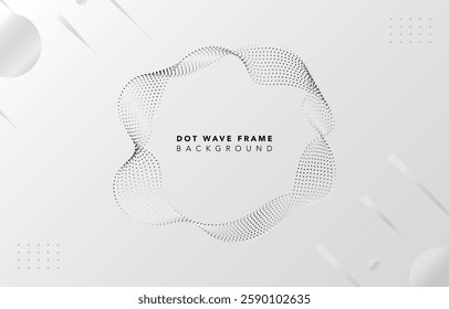 Futuristic silver wave frame on white background with metallic dot gradient, abstract luxury dynamic dotted line border vector, elegant wavy flow pattern, technology fluid shape glowing light effect