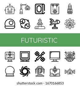 íconos sencillos y futuristas. Contiene iconos como Robot, Crystal ball, Astronomía, Fortunetelling, Rocket, Spaceship, Monitor, Black hole, se puede utilizar para web, móvil y logotipo