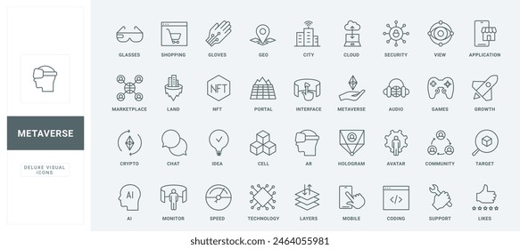 Futuristic simulation on interactive hologram, crypto security and AR glasses thin black and red symbols vector illustration. Metaverse, future world experience in virtual reality line icons set