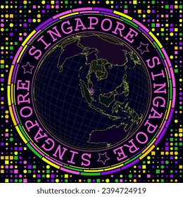 Futuristic Singapore on globe. Bright neon satelite view of the world centered to Singapore. Geographical illustration with shape of country and geometric background. Stylish vector illustration.