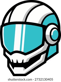 Vector de mascota de piloto de calavera futurista con un casco de alta tecnología con una visera cian para logotipos de deportes electrónicos y avatares de juegos