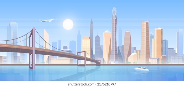 Futuristic skyline of modern city vector illustration. Cartoon metropolis cityscape with infrastructure, highway on bridge over river or bay, airplane flying over buildings panorama background