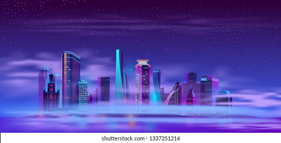 Futuristic skyscraper buildings on river or ocean island covered thick fog or mist neon color cartoon vector. Metropolis district on artificial island night landscape. Modern city skyline illustration