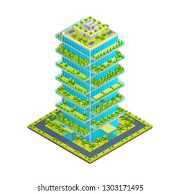 Futuristic Skyscraper with Green Roof Concept 3d Isometric View Building Architecture Construction for Business Presentation and Marketing. Vector illustration