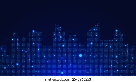 Futuristic smart city with bright neon digital pixels on dark blue background. Modern and intelligent technology innovation concept. Vector illustration