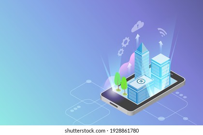 Futuristic smart city buildings on virtual digital phone screen. Intelligent buildings using cloud computing and wireless innovation technology to develop smart services and security. Vector.