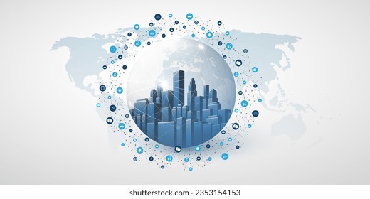 Futuristic Smart City, Cloud Computing Design Concept with Polygonal Mesh, Cluster, Nodes, Icons - Global Digital Network Connections Between Devices - Technology Vector Background