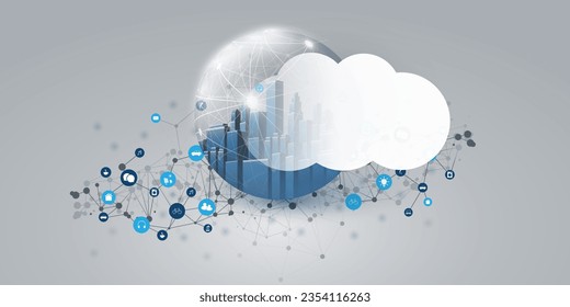 Futuristic Smart City, Cloud Computing Design Concept with 3D Polygonal Mesh, Cluster, Nodes, Icons and White Cloud - Global Digital Network Connections Between Devices, Technology Vector Background