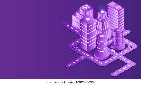 Futuristic smart city concept based isometric design with architecture of smart buildings on purple background.