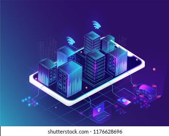 Futuristic smart city concept, buildings connected with automated technology to manage and control household functionalities and day to day activities.