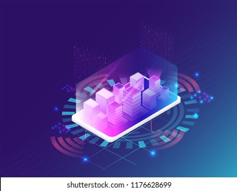 Futuristic smart city concept, buildings connected with automated technology to manage and control household functionalities and day to day activities.