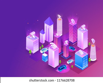 Futuristic smart city concept, buildings connected with automated technology to manage and control household functionalities and day to day activities.