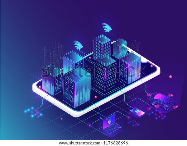 Futuristic smart city concept, buildings\
connected with automated technology to manage and control household\
functionalities and day to day\
activities.