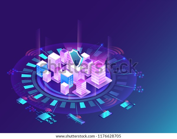 Futuristic smart city concept, buildings\
connected with automated technology to manage and control household\
functionalities and day to day\
activities.