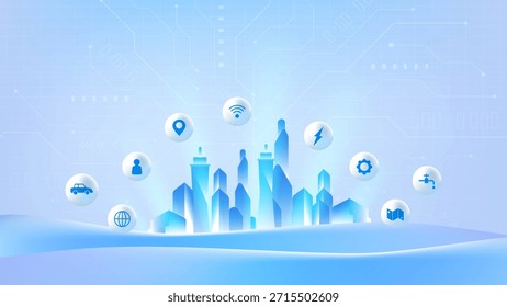 Futuristic smart city concept with IoT icons and digital connectivity nodes. Clean background with urban silhouette and circuit patterns.