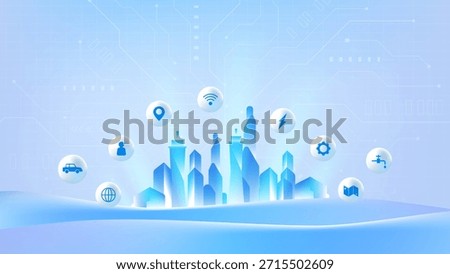 Futuristic smart city concept with IoT icons and digital connectivity nodes. Clean background with urban silhouette and circuit patterns.