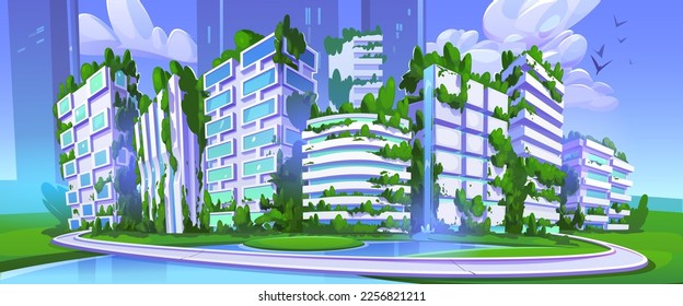 Futuristic smart city with eco buildings. Future sustainable town cityscape with houses and offices with garden on rooftop and waterfall, green trees and grass, pond, vector illustration