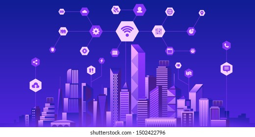 Futuristic smart city flat vector illustration. Modern online technology, wireless information network, digital grid, IOT concept. Urban cityscape and internet icons. Intelligent infrastructure