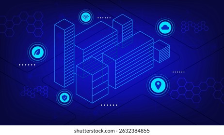 Ilustração de cidade inteligente futurista com edifícios azuis brilhantes e ícones de tecnologia, incluindo nuvem, GPS, Wi-Fi e segurança no fundo escuro