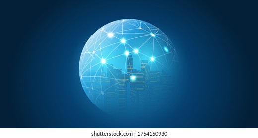 Futuristic Smart City, IoT and Cloud Computing Design Concept with Polygonal Mesh, Cluster and Nodes - Digital Network Connections, Technology Background